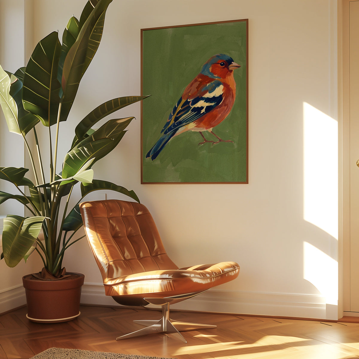 Painted songbird print in a slim walnut frame above a tan leather lounge chair