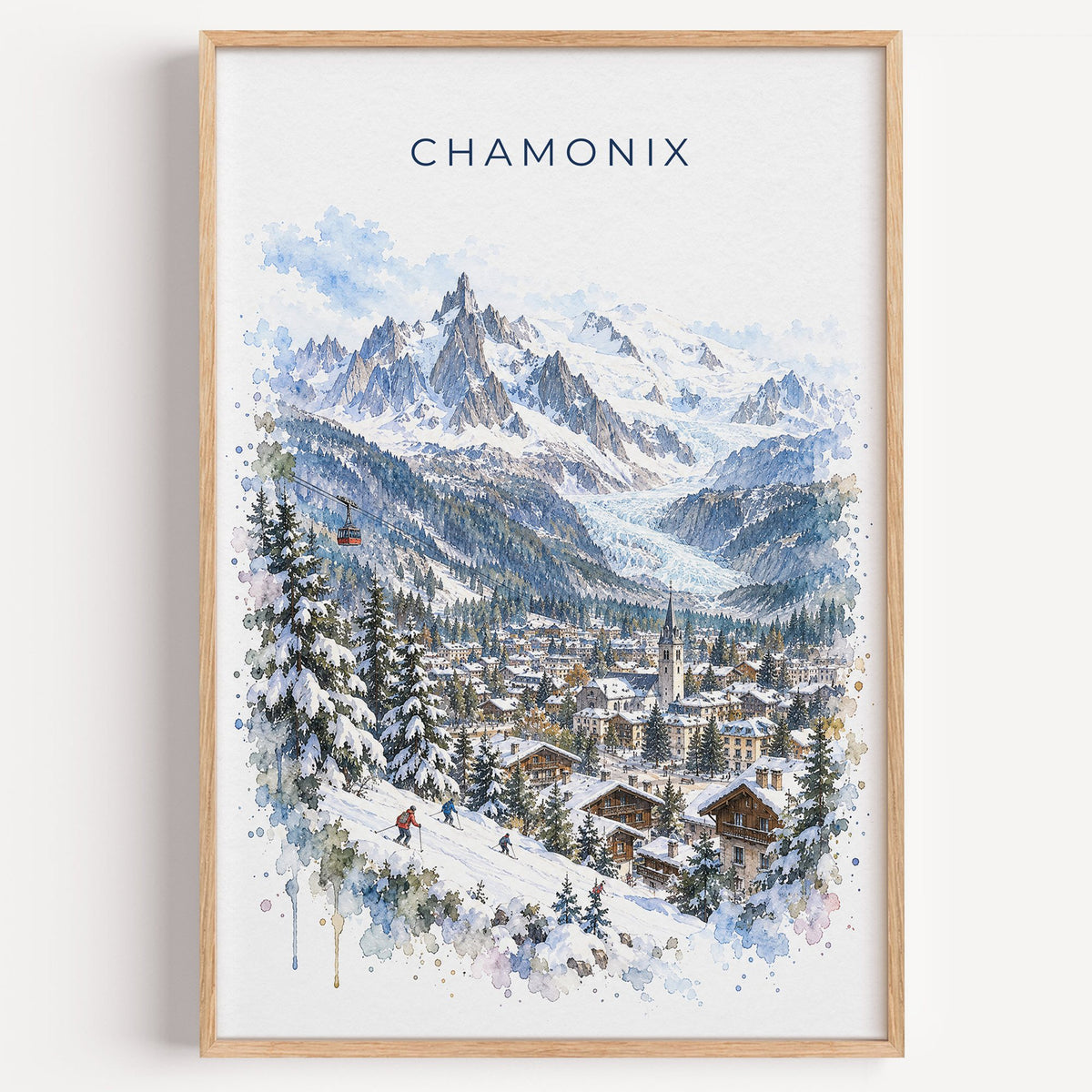 Chamonix watercolor print in a light oak frame on a plain white wall