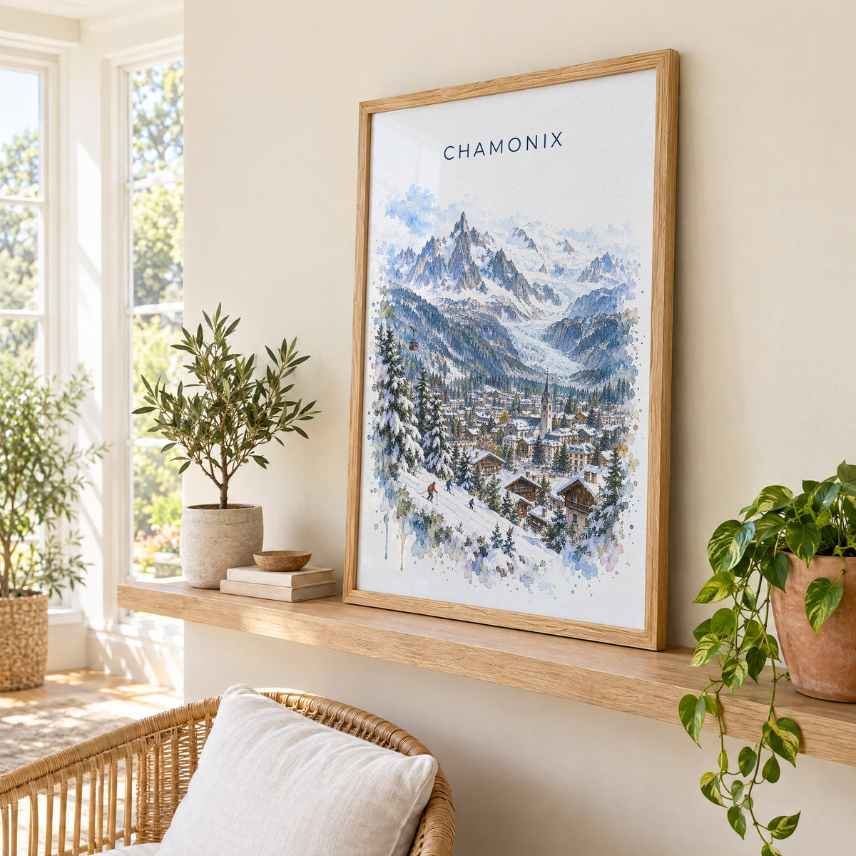 Chamonix watercolor print in an oak frame on a picture ledge in a sunlit sunroom