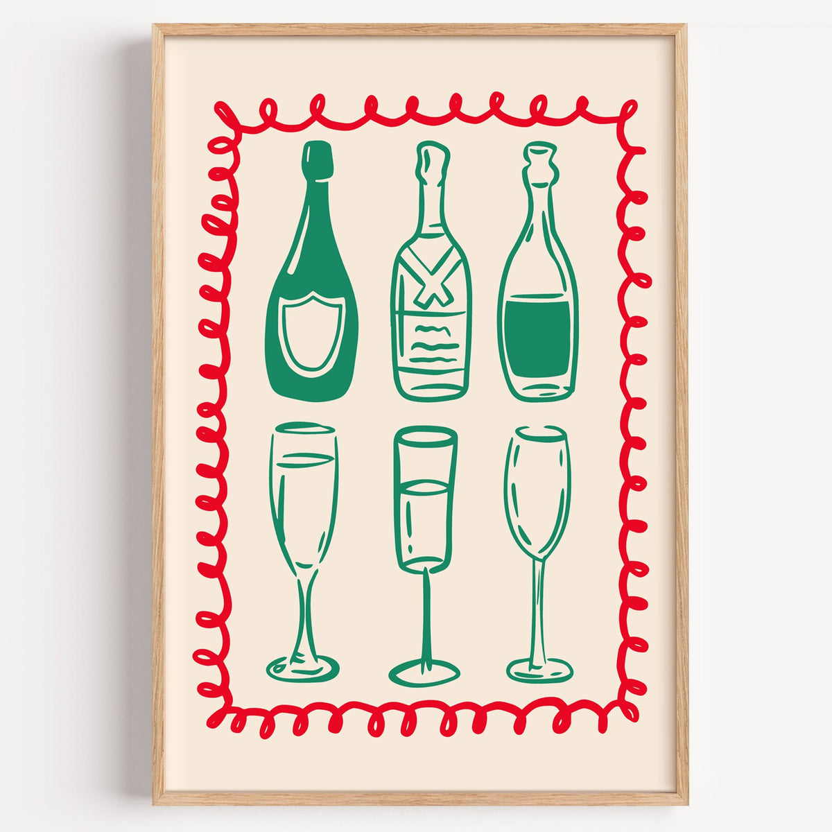 Green champagne bottles and glasses squiggle frame print in a light oak frame on a plain white wall