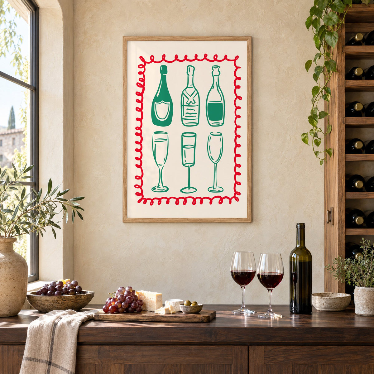Green champagne bottles and glasses squiggle frame print in an oak frame on a limewashed wall above a wine counter with red wine, cheese and grapes