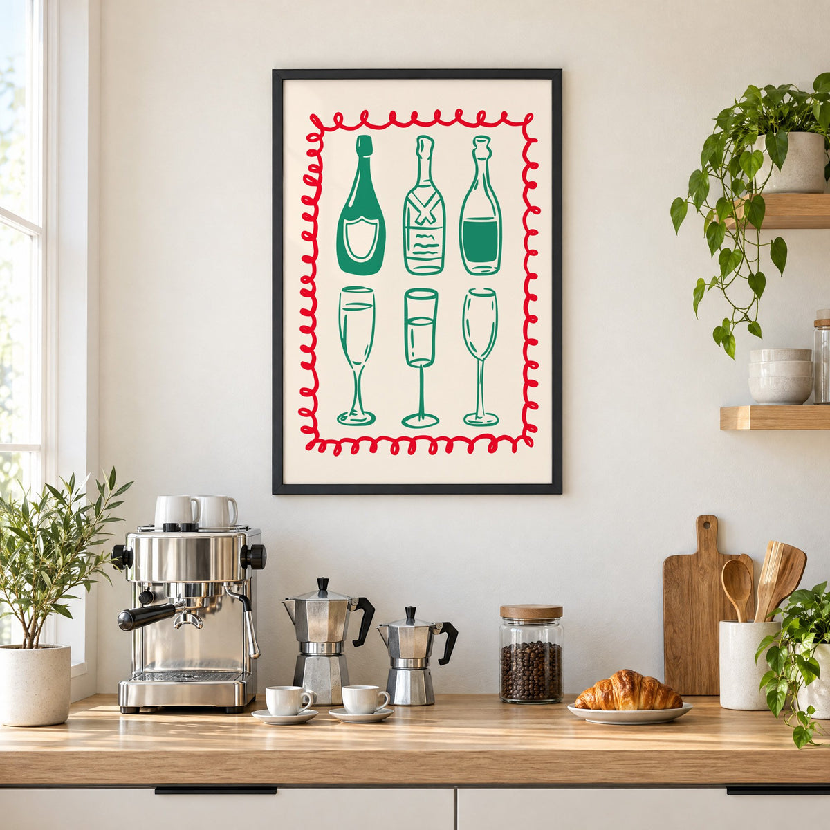 Green champagne bottles and glasses squiggle frame print in a black frame above a home espresso bar with moka pots and espresso cups
