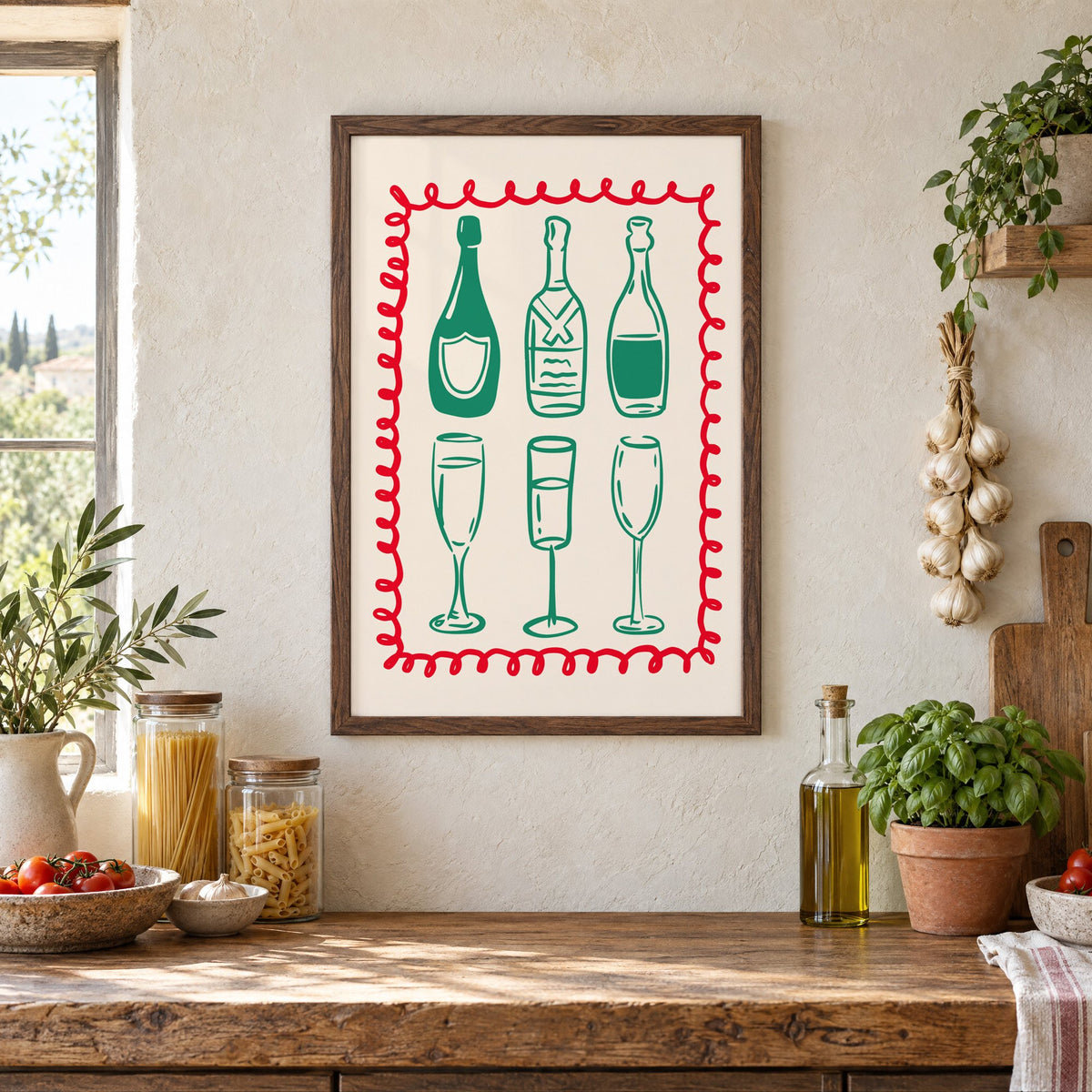 Green champagne bottles and glasses squiggle frame print in a walnut frame above a rustic Italian pantry counter with pasta jars, garlic and tomatoes