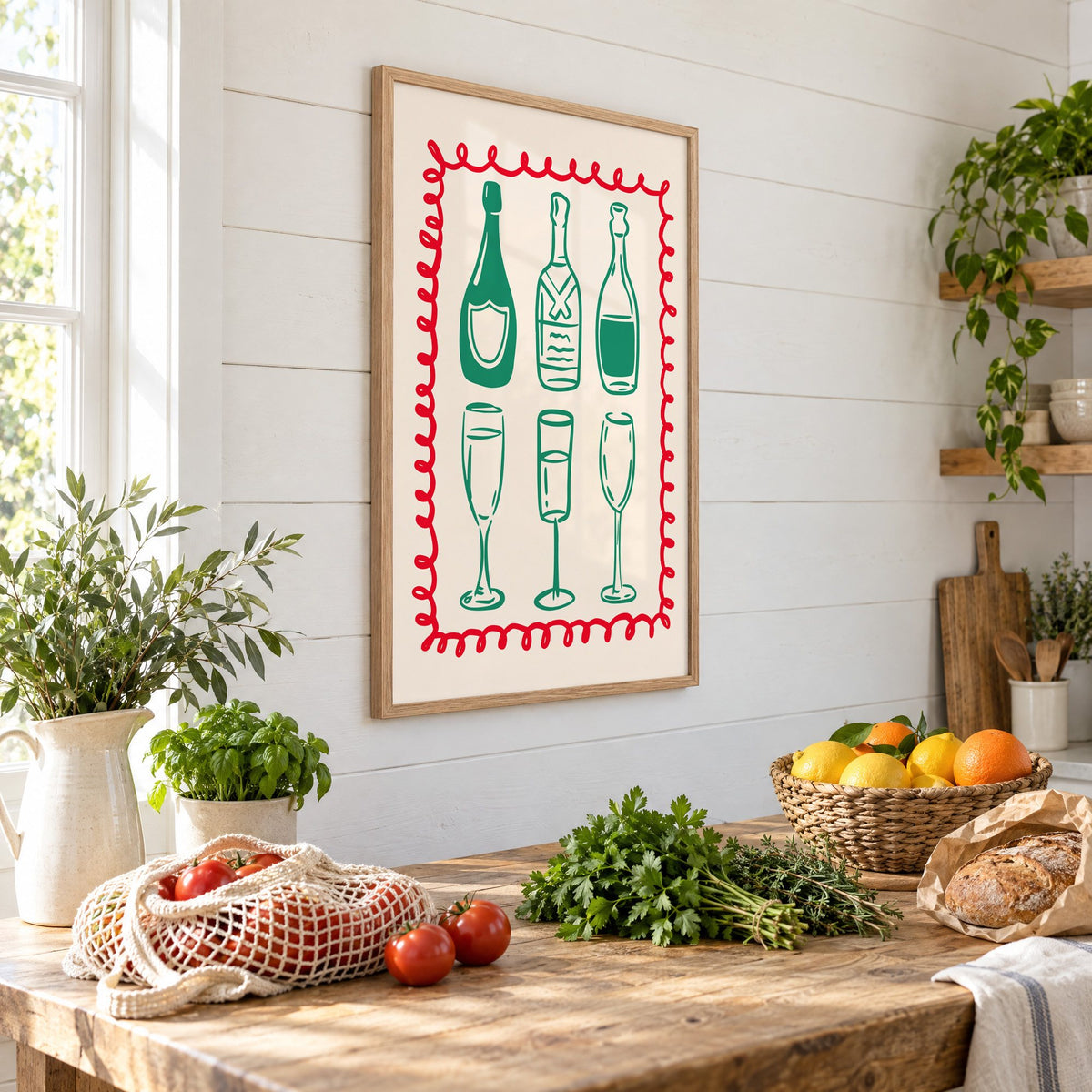 Green champagne bottles and glasses squiggle frame print in an oak frame on a shiplap wall above a farm table with market tomatoes and citrus, seen at an angle