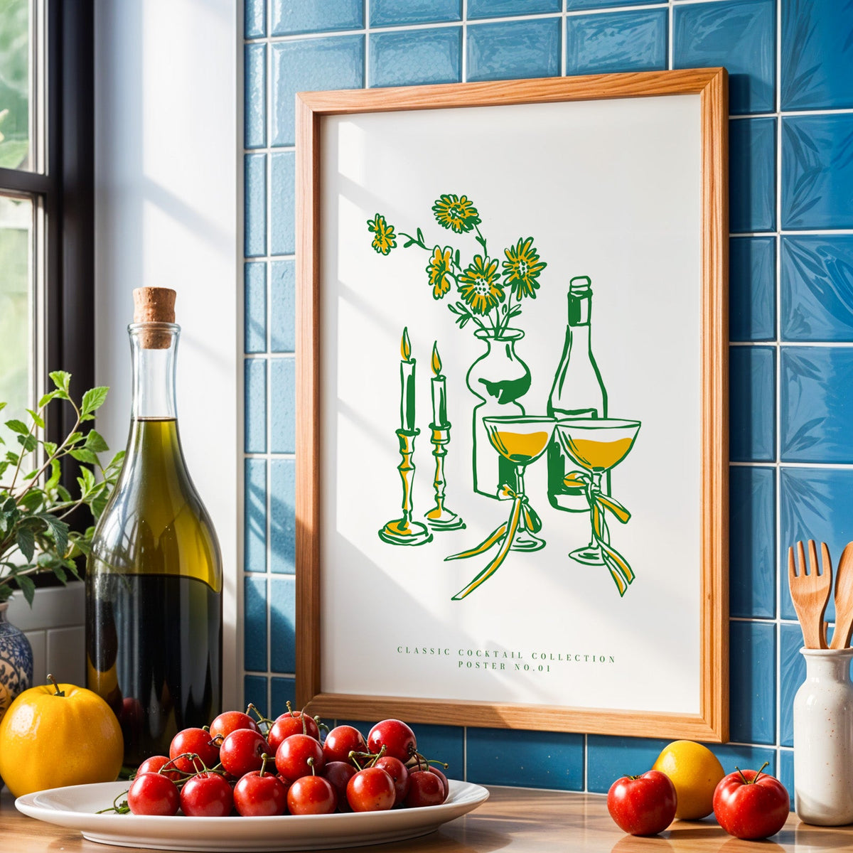 Champagne coupes and daisies print in an oak frame against blue tiles with olive oil