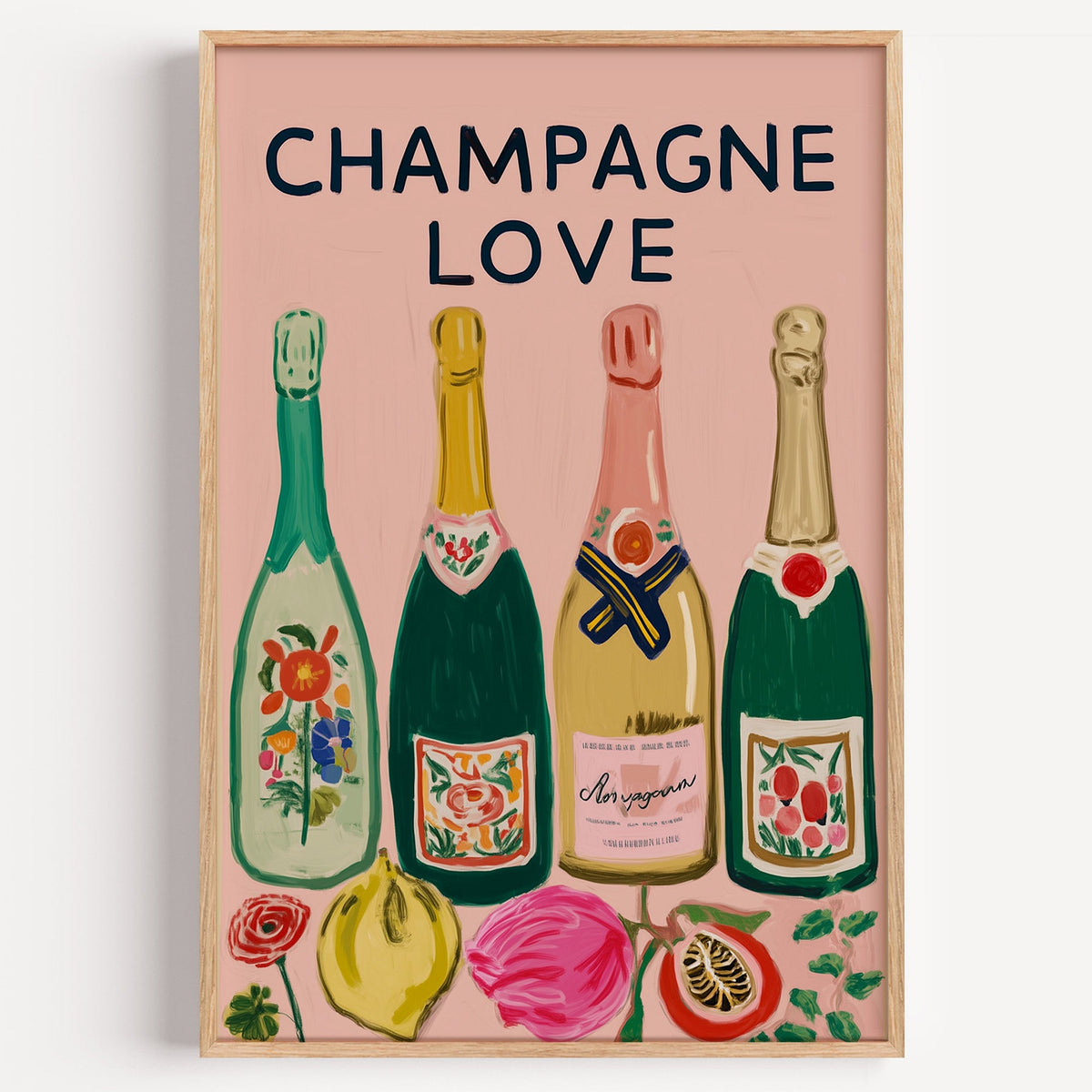 Champagne Love floral bottles print in a light oak frame on a plain white wall