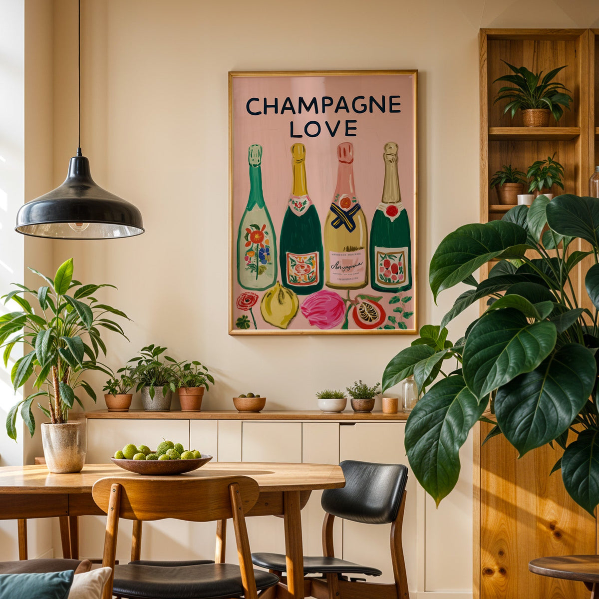 Champagne Love print in an oak frame in a dining room above a plant-lined sideboard