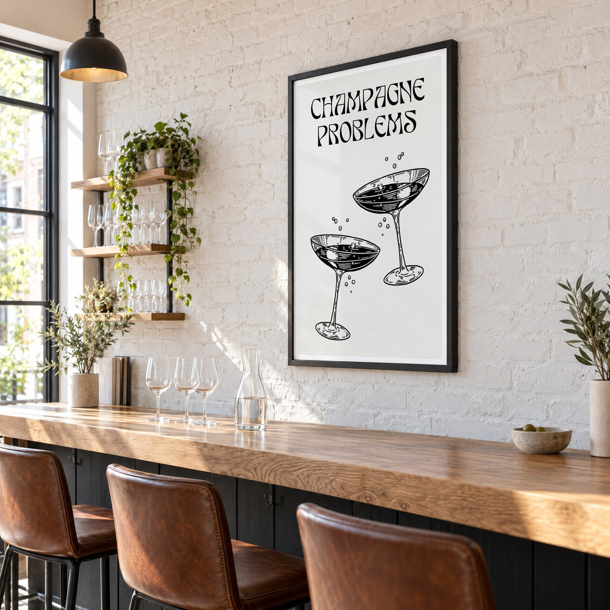 Champagne Problems engraved coupes print in a black frame on a white brick wall above a wine bar counter
