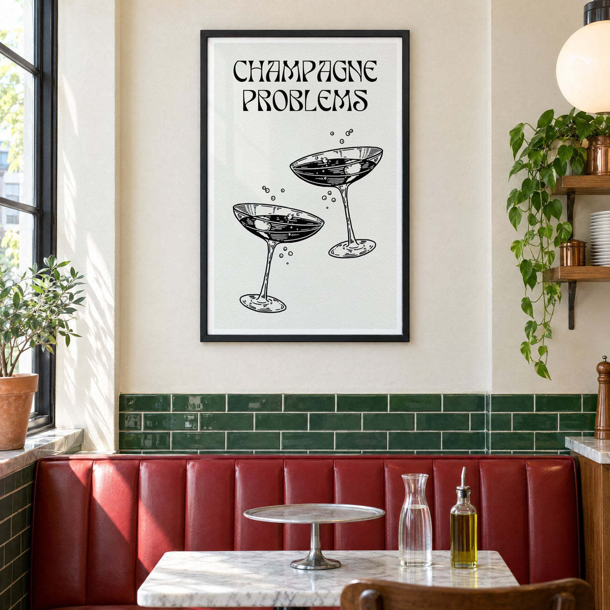 Champagne Problems engraved coupes print in a black frame above a red leather booth in a sunny pizzeria