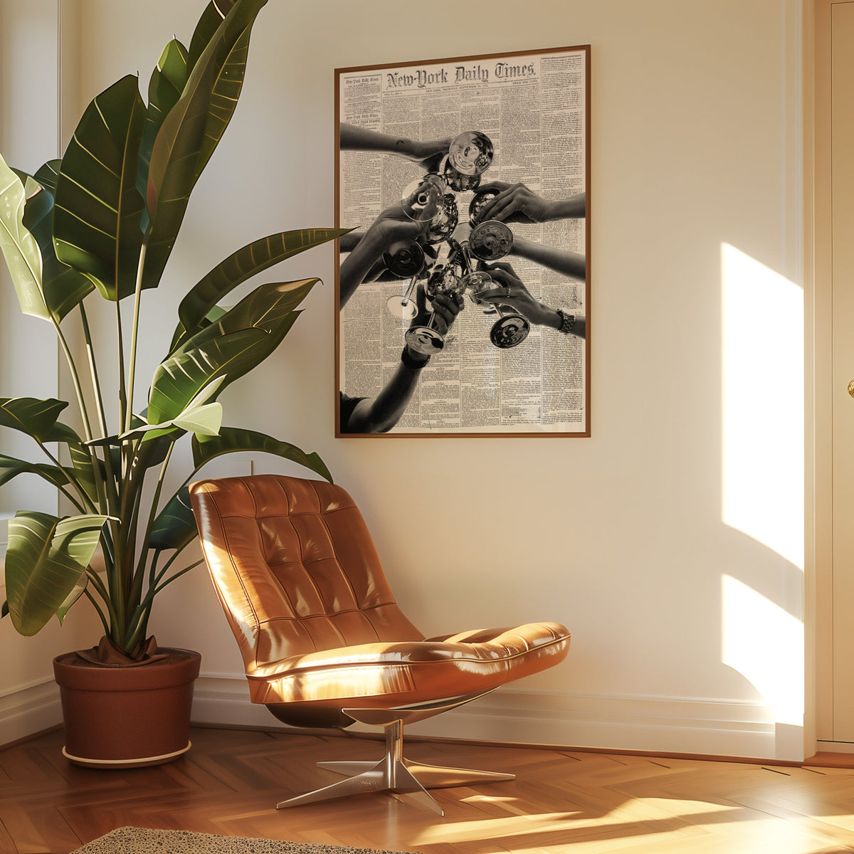 Champagne toast collage on 1851 newspaper print in a walnut frame above a leather lounge chair