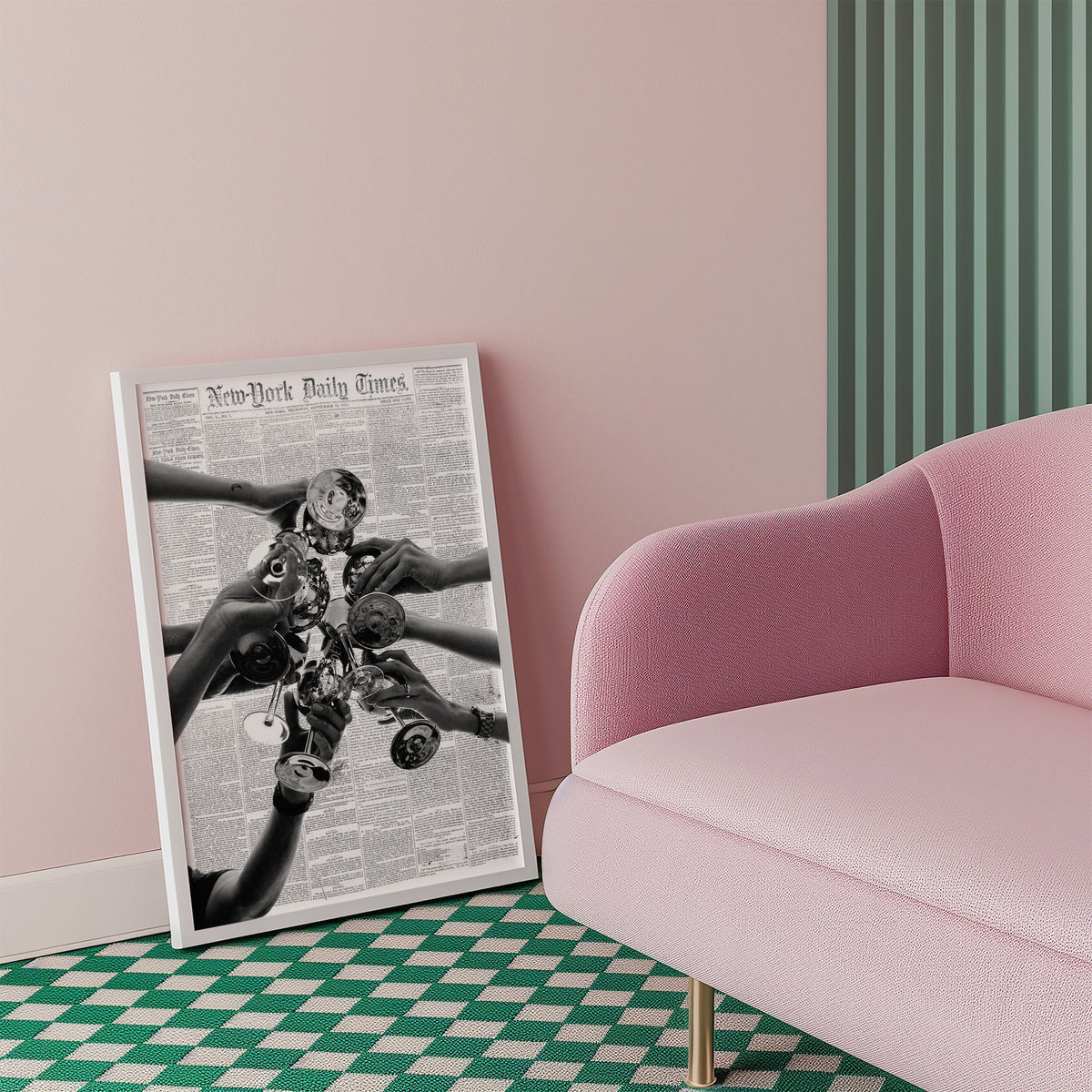 Champagne toast collage on 1851 newspaper print in a white frame beside a pink armchair on a checkered floor