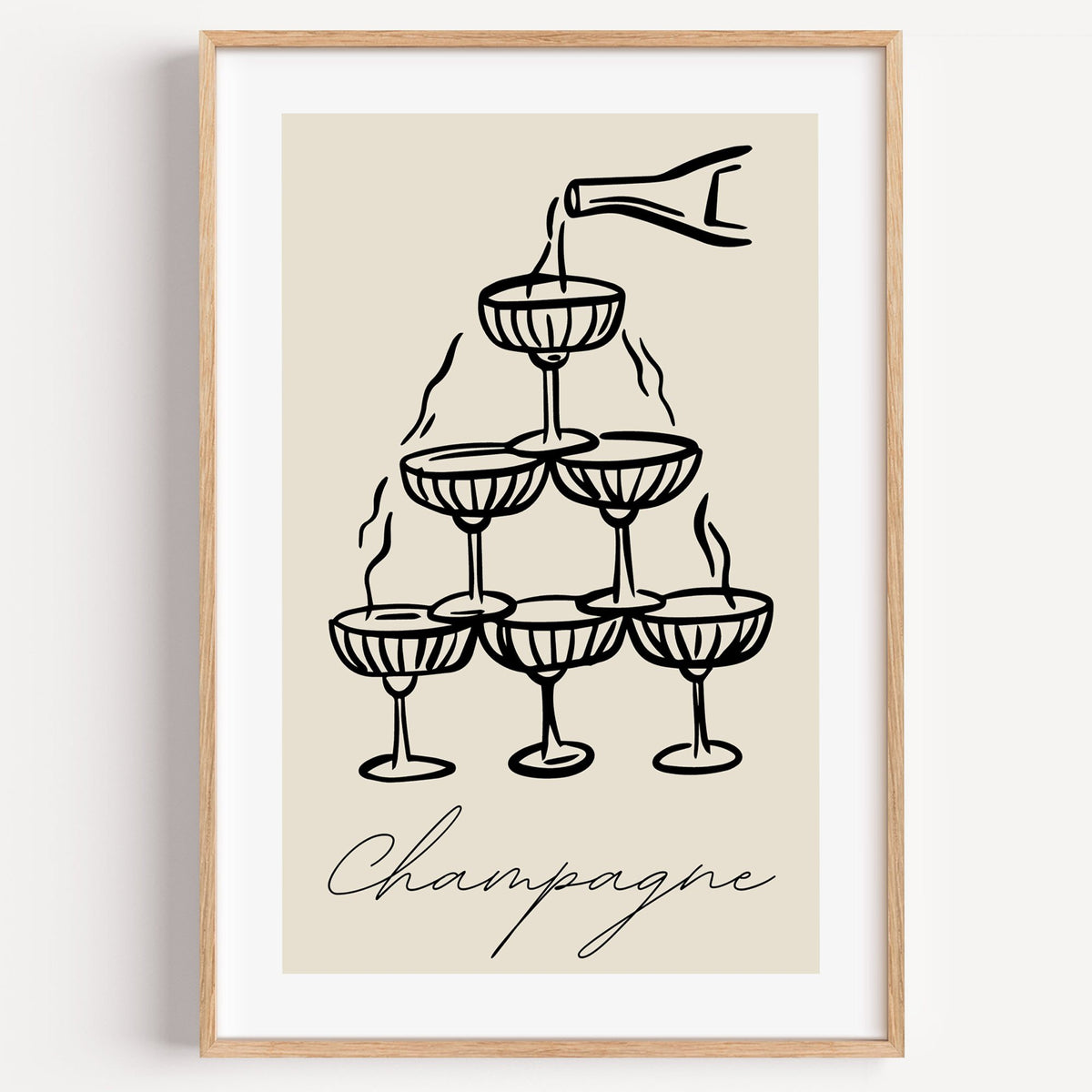 Champagne coupe tower black line-art print in a light oak frame on a plain white wall