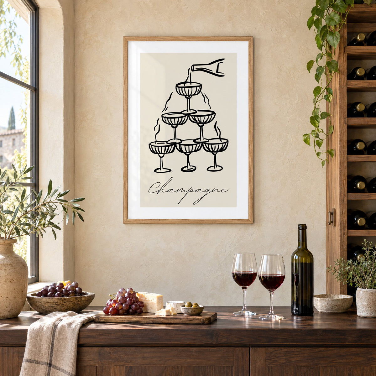 Champagne coupe tower black line-art print in an oak frame on a limewashed wall above a wine counter with red wine, cheese and grapes