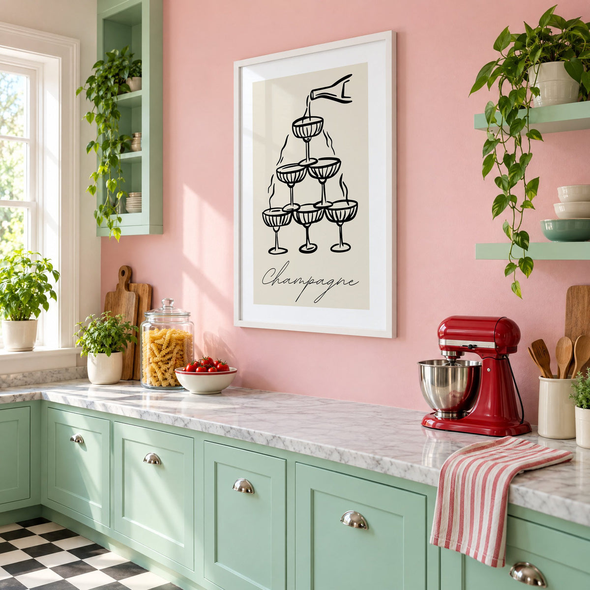 Champagne coupe tower black line-art print in a white frame on a pink wall above mint green cabinets in a retro kitchen, seen at an angle