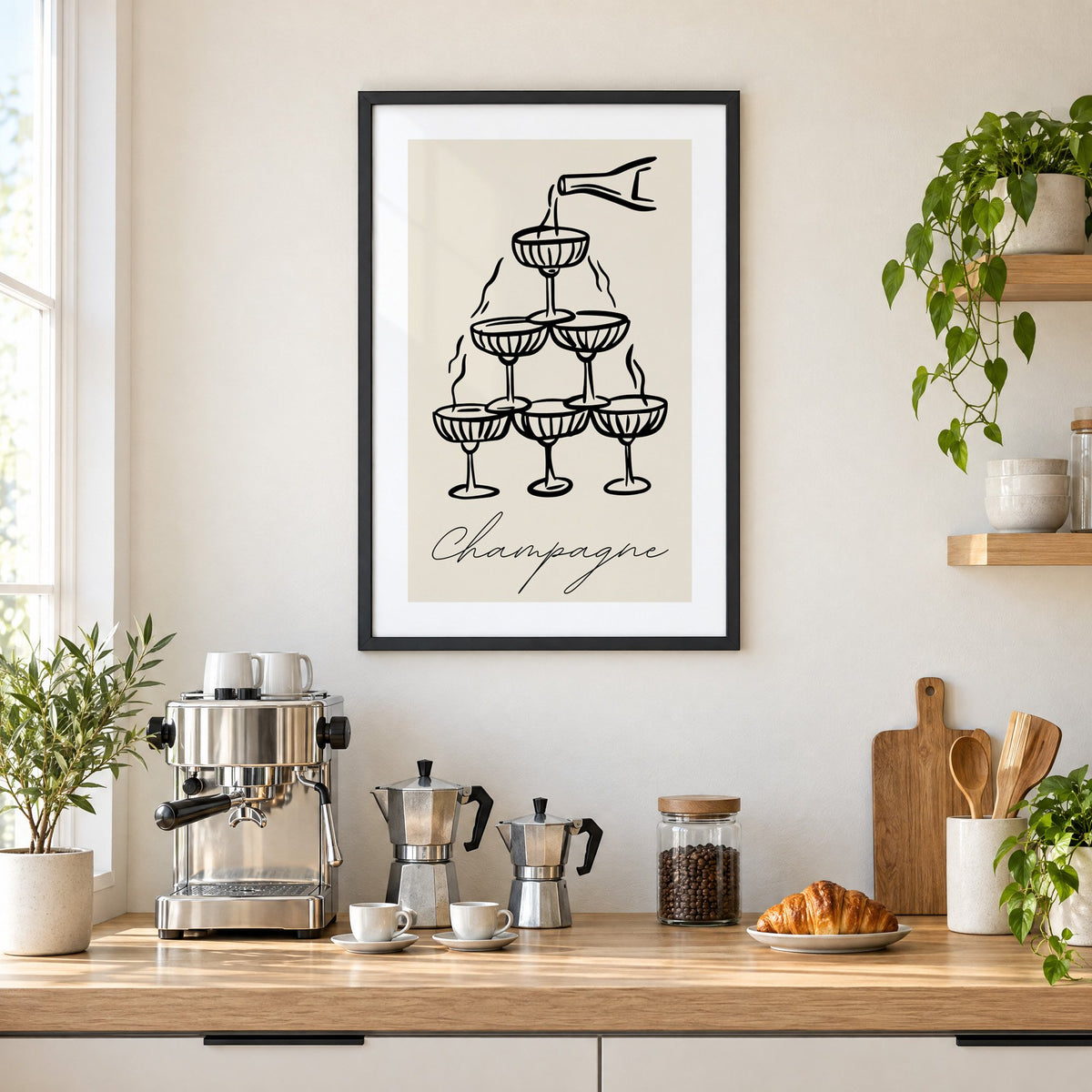 Champagne coupe tower black line-art print in a black frame above a home espresso bar with moka pots and espresso cups