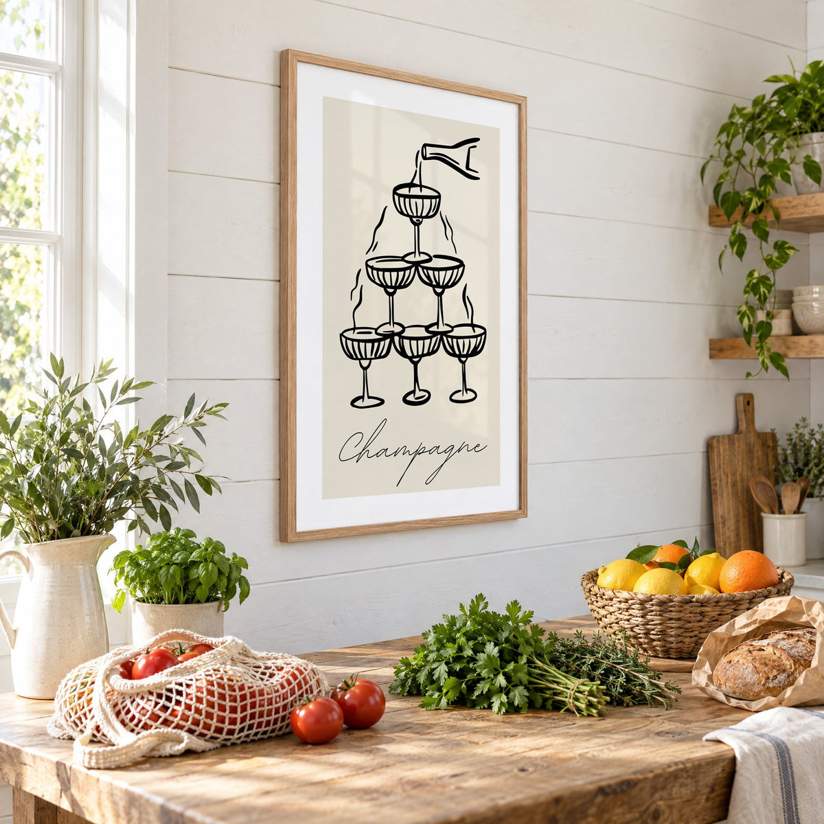Champagne coupe tower black line-art print in an oak frame on a shiplap wall above a farm table with market tomatoes and citrus, seen at an angle