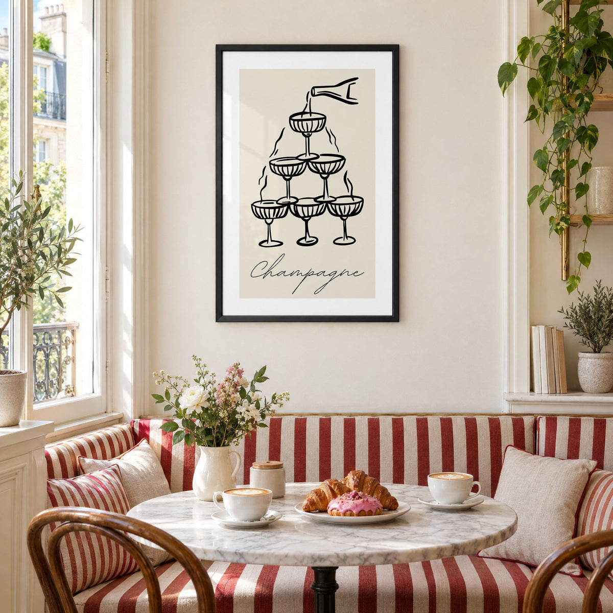 Champagne coupe tower black line-art print in a black frame above a striped cafe breakfast nook with cappuccino and pastries