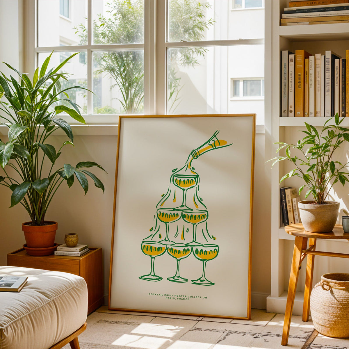 Champagne poster in a slim brass frame resting on a berber rug in a plant-filled living room
