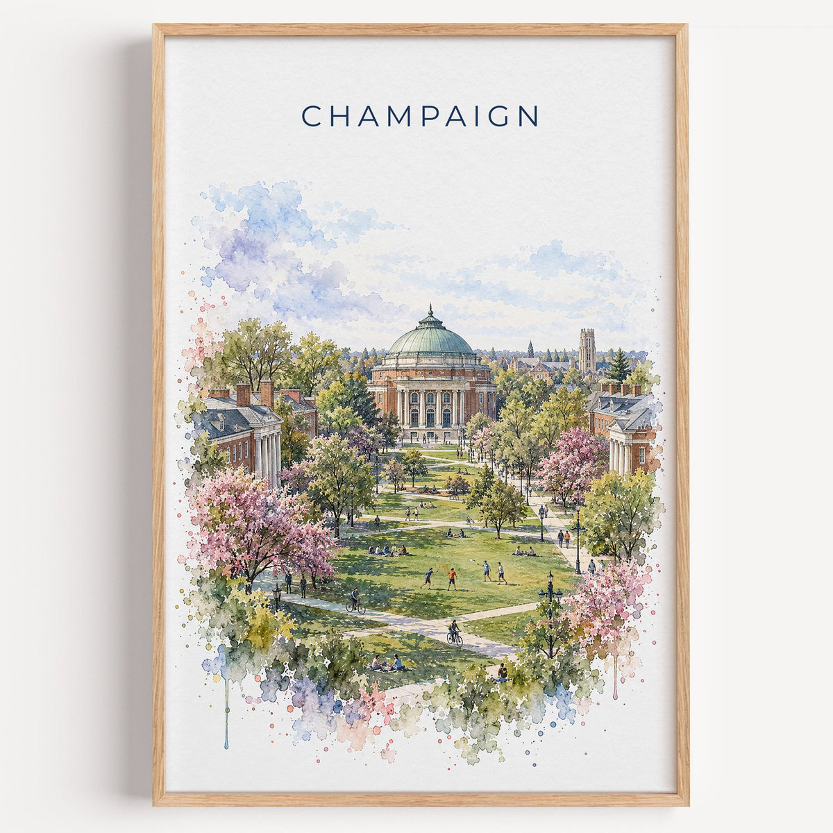 Champaign watercolor print in a light oak frame on a plain white wall