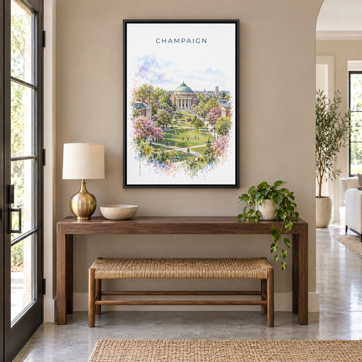 Champaign watercolor print as a black floater canvas above a walnut console and woven bench in an entryway