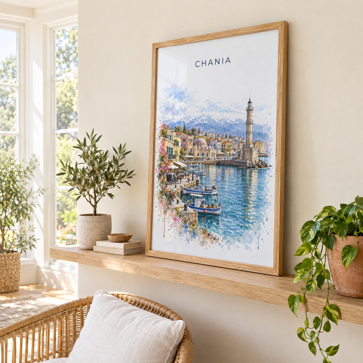 Chania watercolor print in an oak frame on a picture ledge in a sunlit sunroom