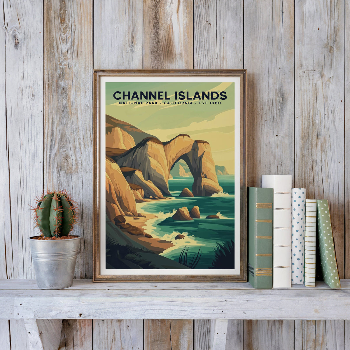 Channel Islands poster in an antique gold frame against whitewashed farmhouse planks