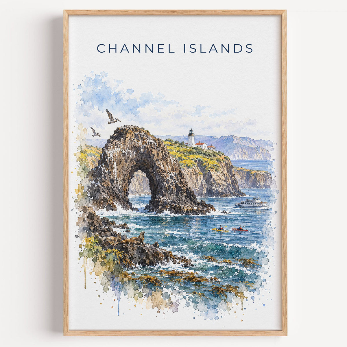 Channel Islands National Park watercolor print in a light oak frame on a plain white wall