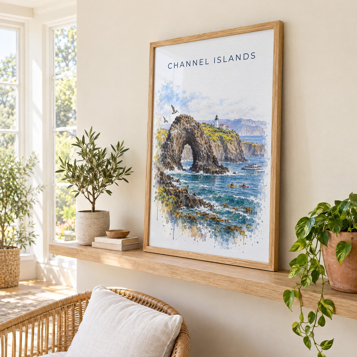 Channel Islands National Park watercolor print in an oak frame on a picture ledge in a sunlit sunroom