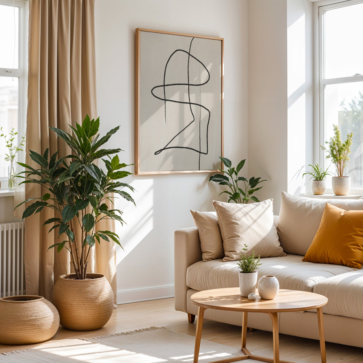 Charcoal continuous loop line art print in an oak frame above a cream sofa beside a tall plant in a woven pot