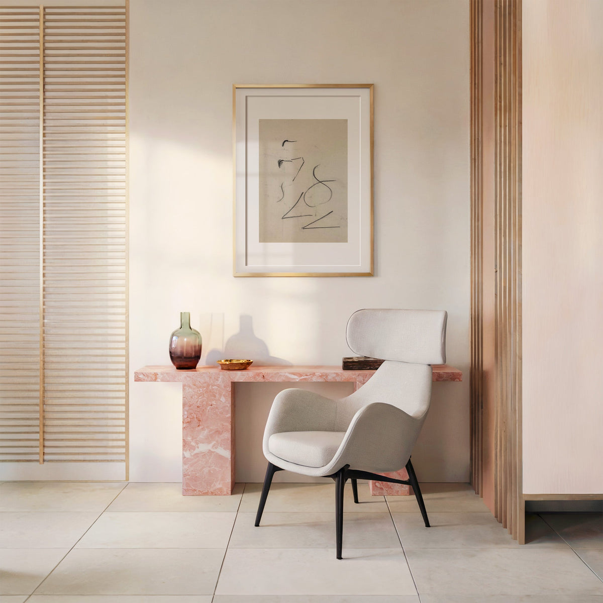 Charcoal figure eight strokes line art print shown in a gold frame with a mat above a pink marble console and armchair