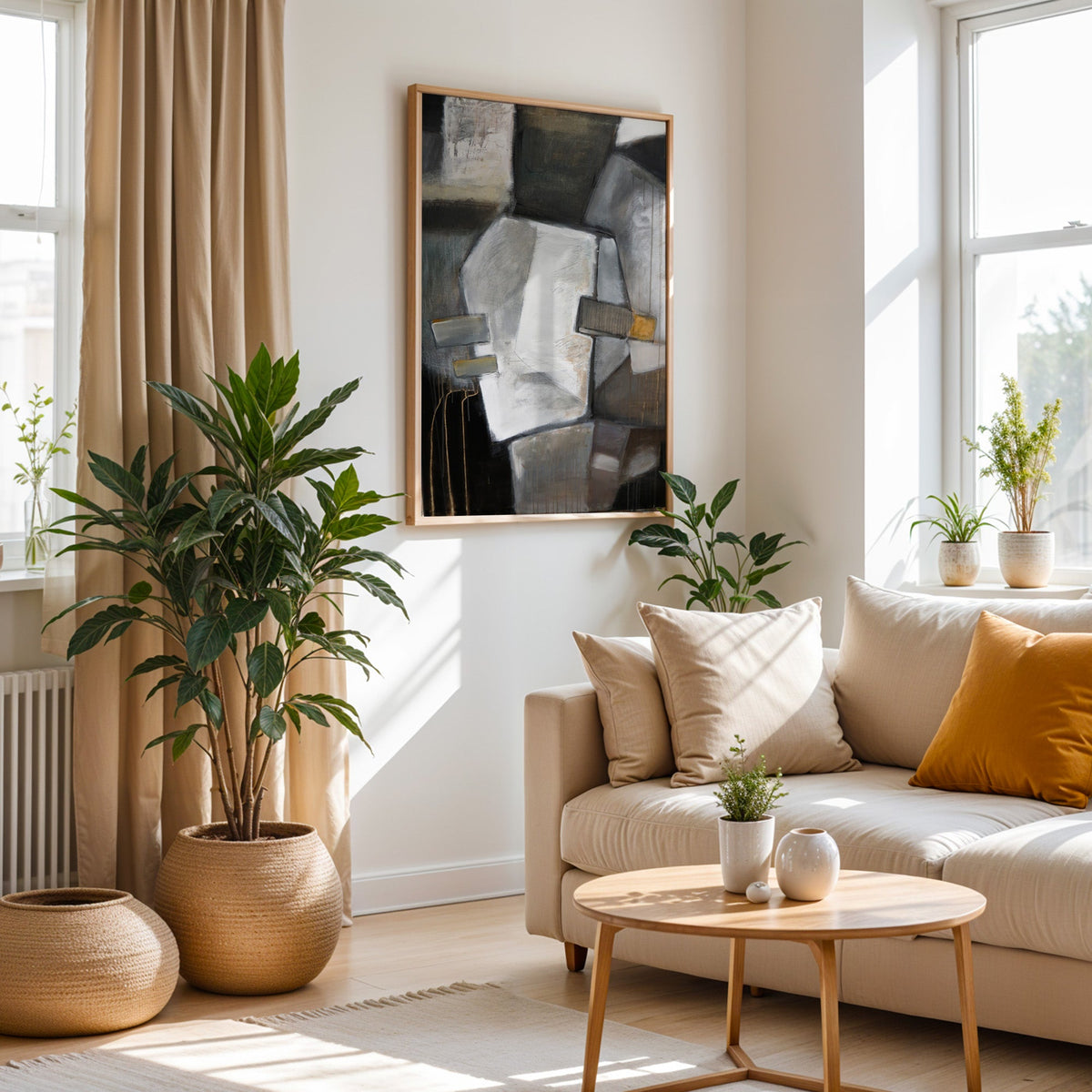 Charcoal and white stacked blocks drip abstract print in an oak frame above a cream sofa beside a tall plant in a woven pot