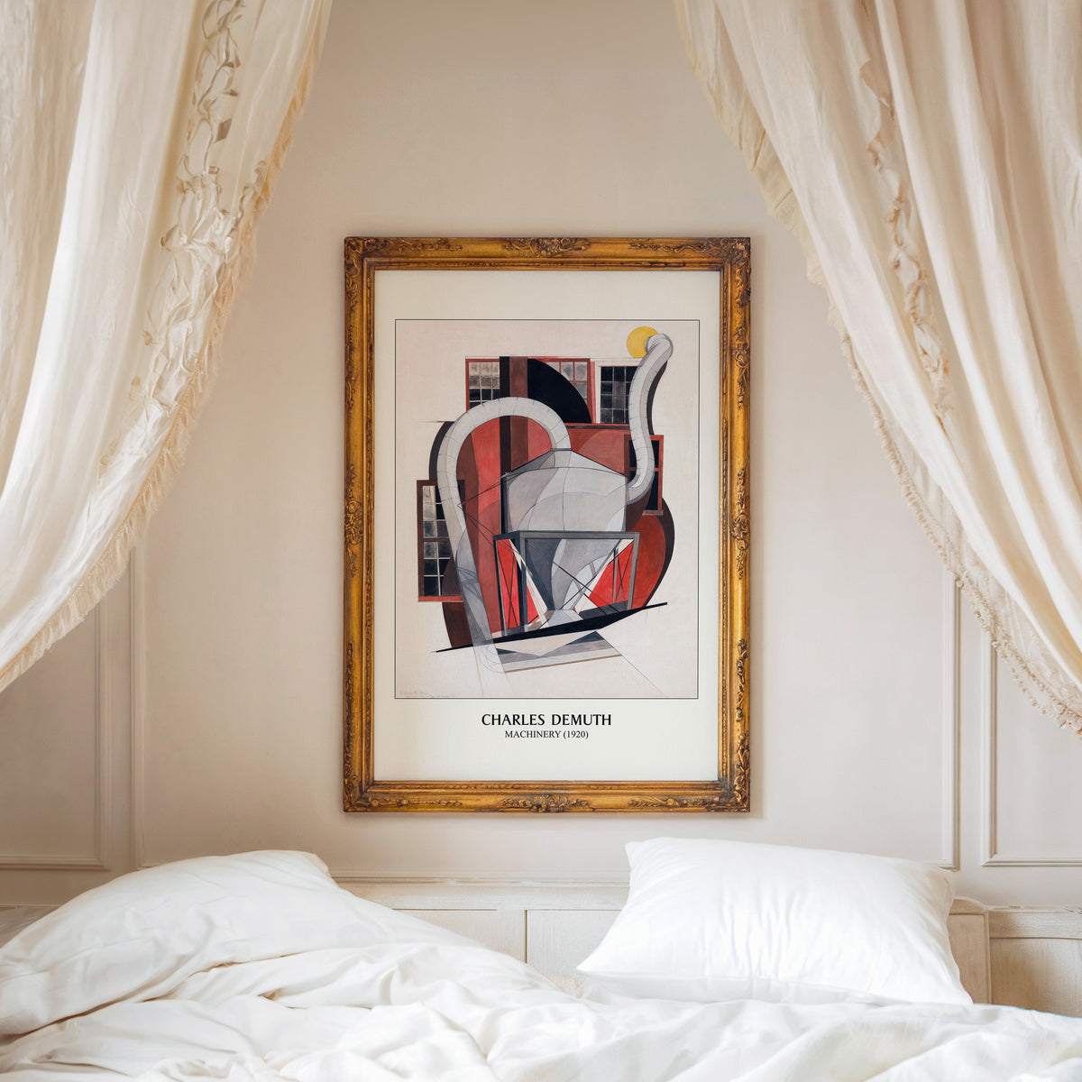 Machinery print shown in an ornate gold frame above a canopy bed