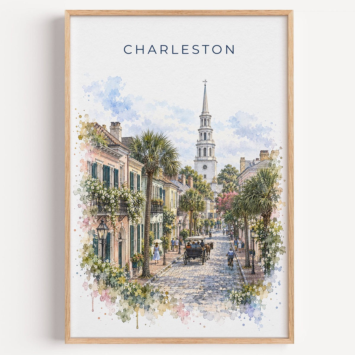 Charleston watercolor print in a light oak frame on a plain white wall