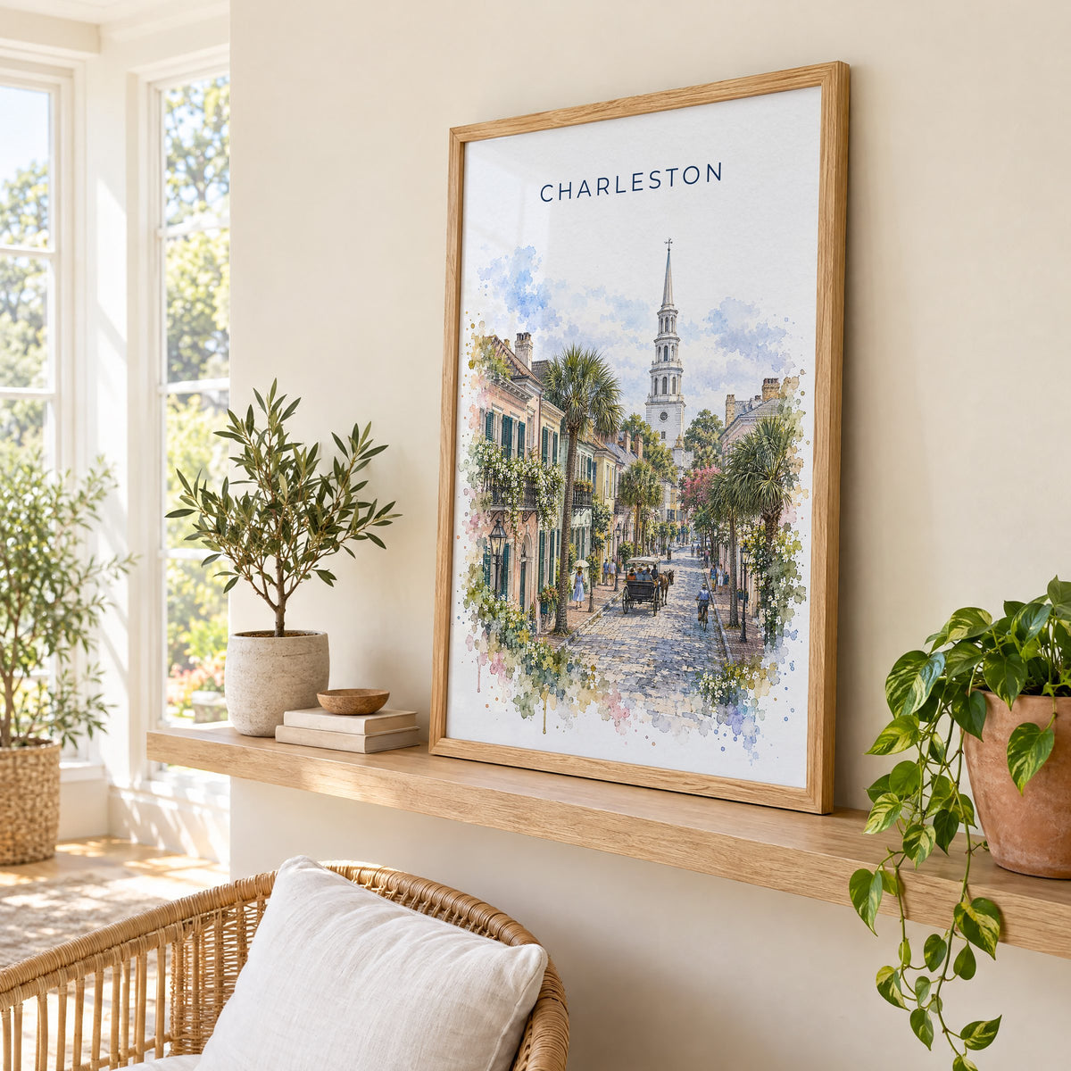 Charleston watercolor print in an oak frame on a picture ledge in a sunlit sunroom