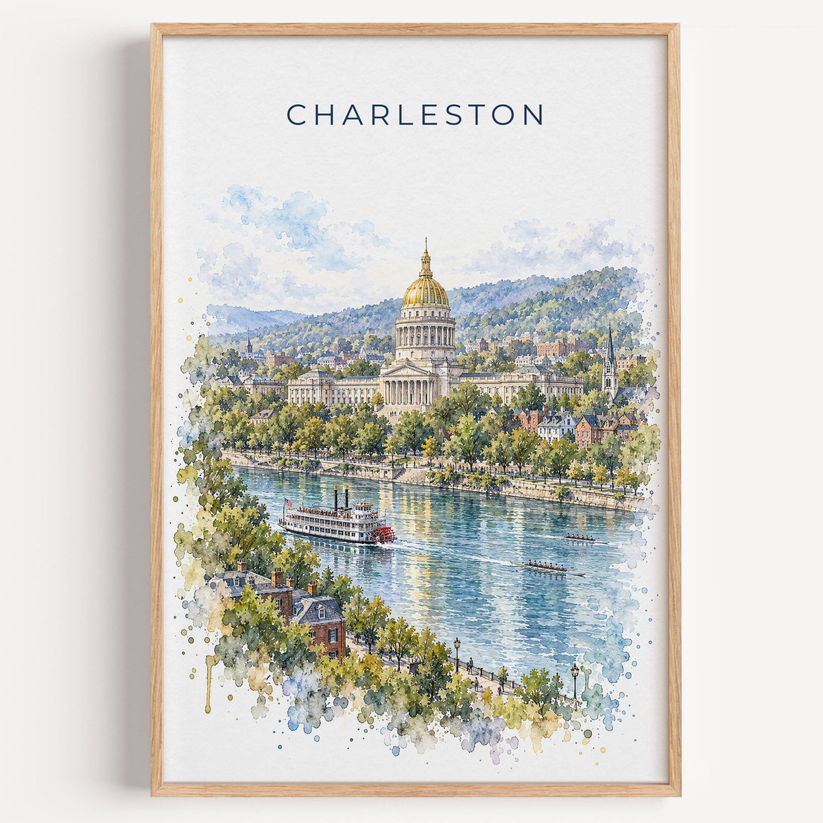 Charleston, West Virginia watercolor print in a light oak frame on a plain white wall