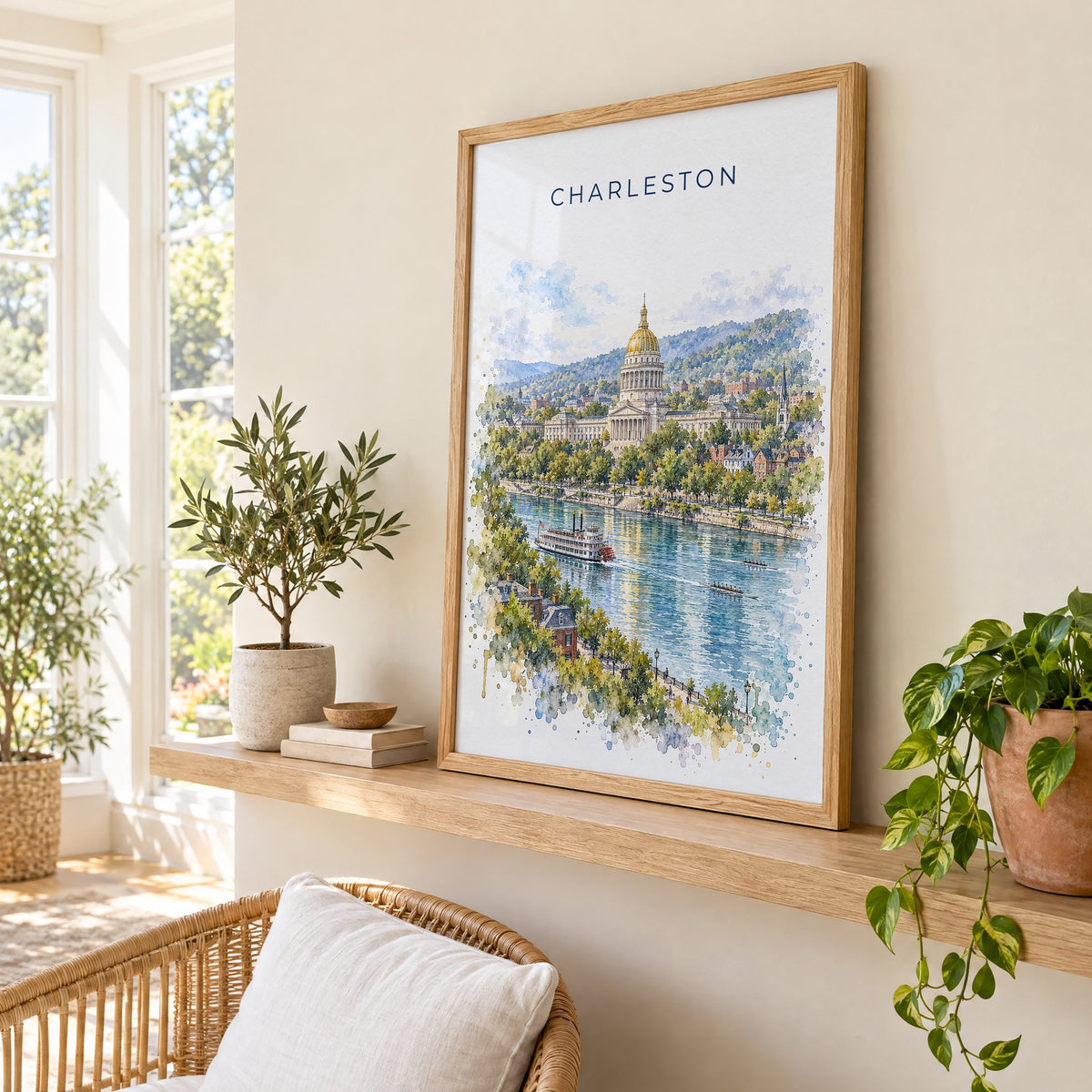 Charleston, West Virginia watercolor print in an oak frame on a picture ledge in a sunlit sunroom