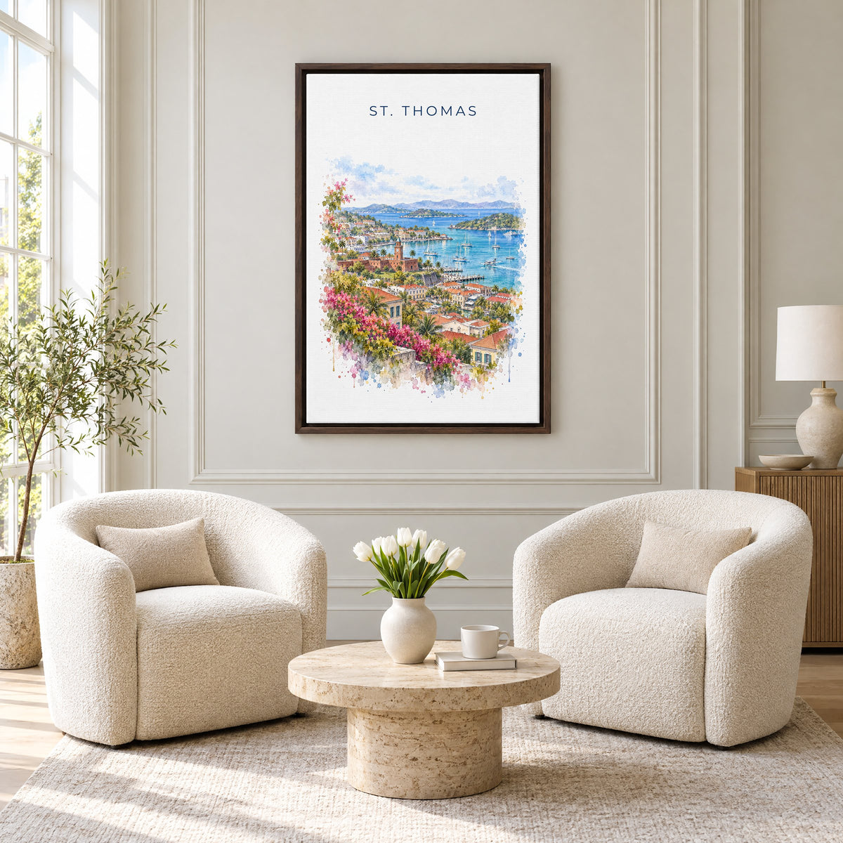 St. Thomas watercolor print as an espresso floater canvas above two boucle armchairs in a hotel lounge