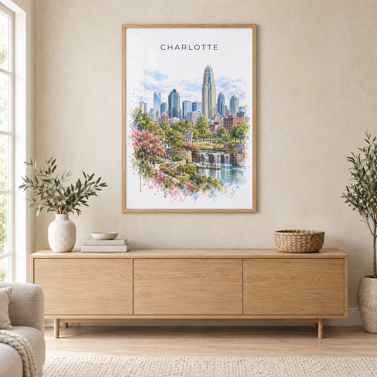 Charlotte watercolor print in an oak frame above a light wood sideboard in a Scandinavian living room