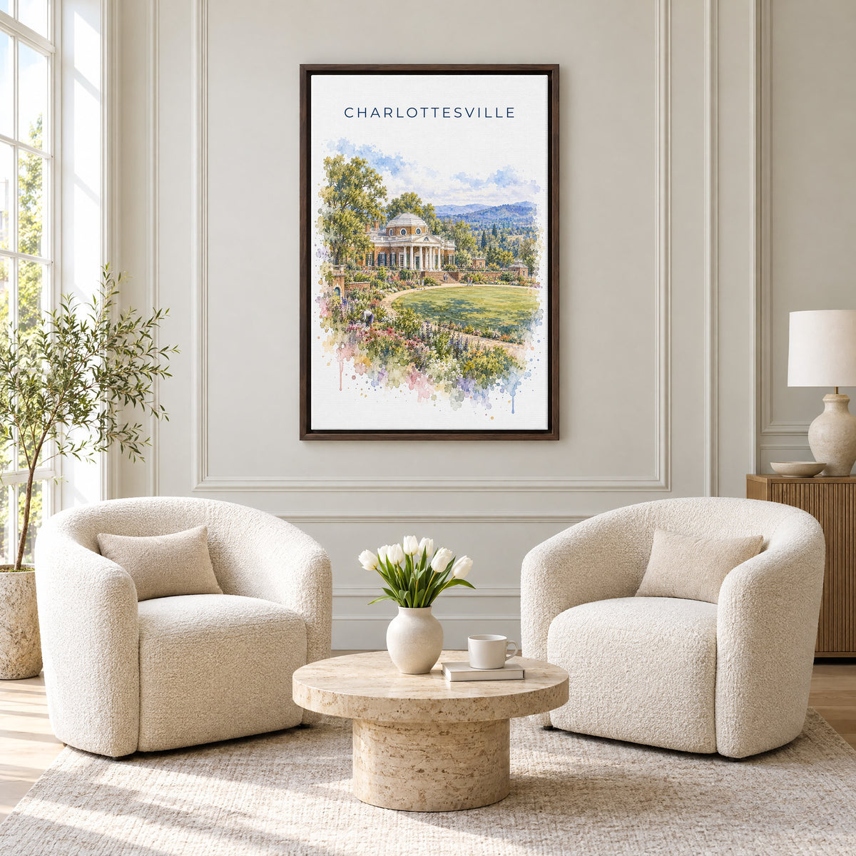 Charlottesville watercolor print as an espresso floater canvas above two boucle armchairs in a hotel lounge