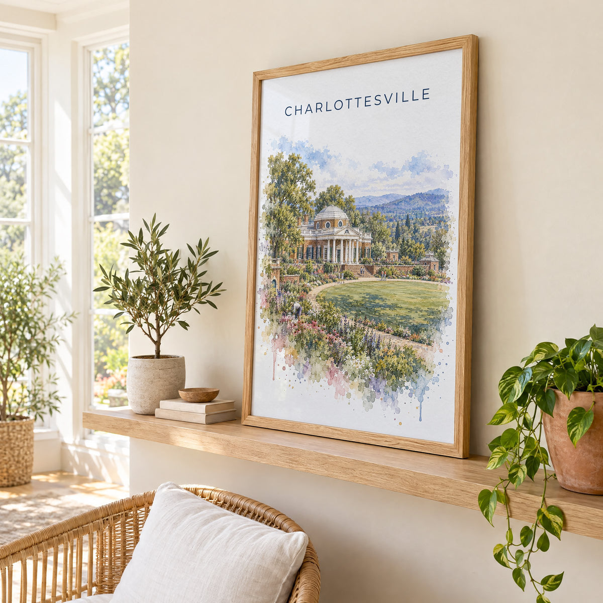 Charlottesville watercolor print in an oak frame on a picture ledge in a sunlit sunroom