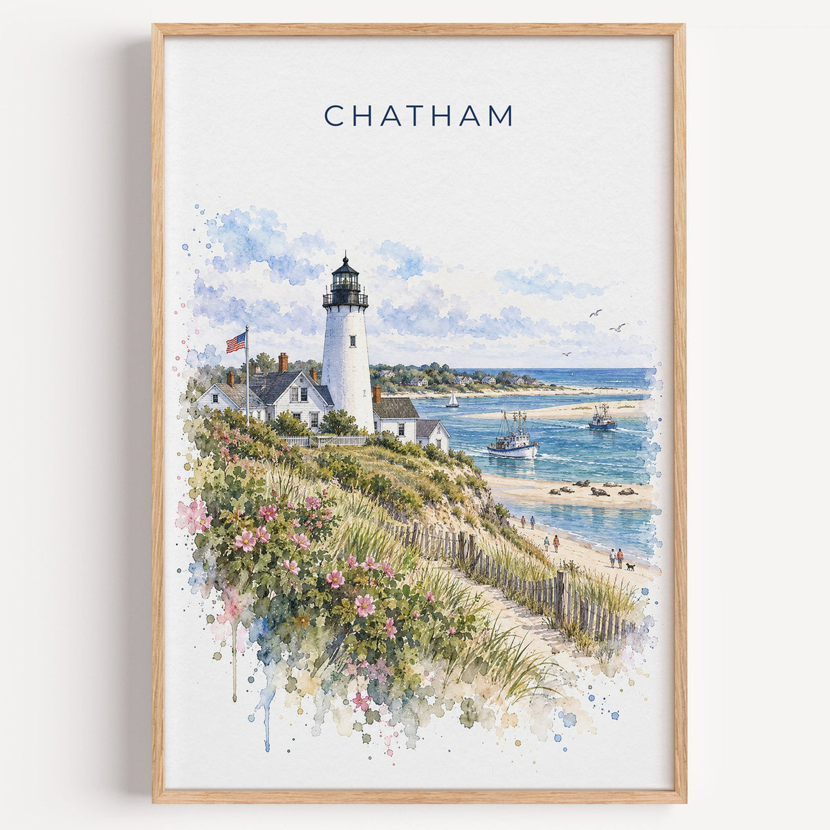 Chatham, Massachusetts watercolor print in a light oak frame on a plain white wall