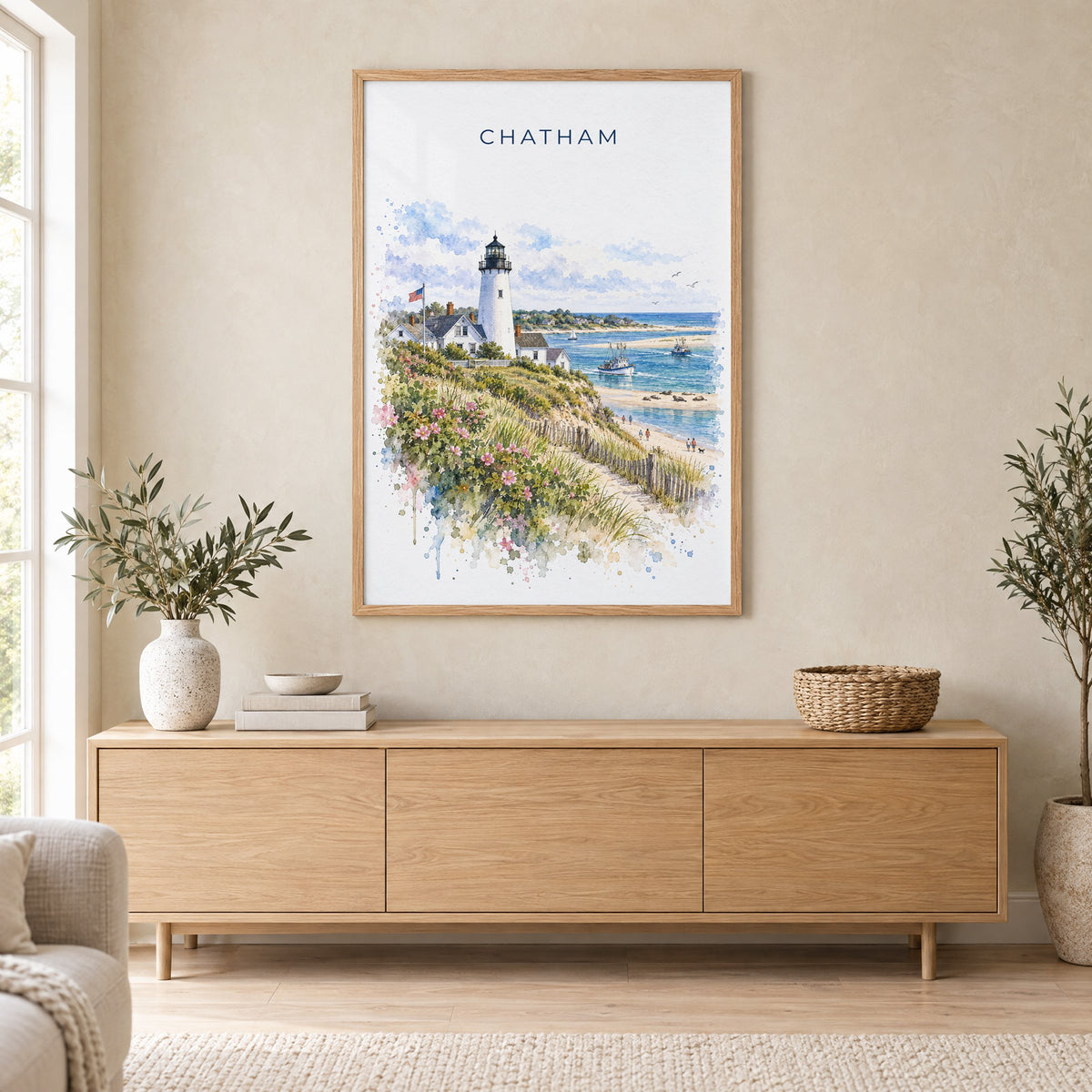 Chatham, Massachusetts watercolor print in an oak frame above a light wood sideboard in a Scandinavian living room