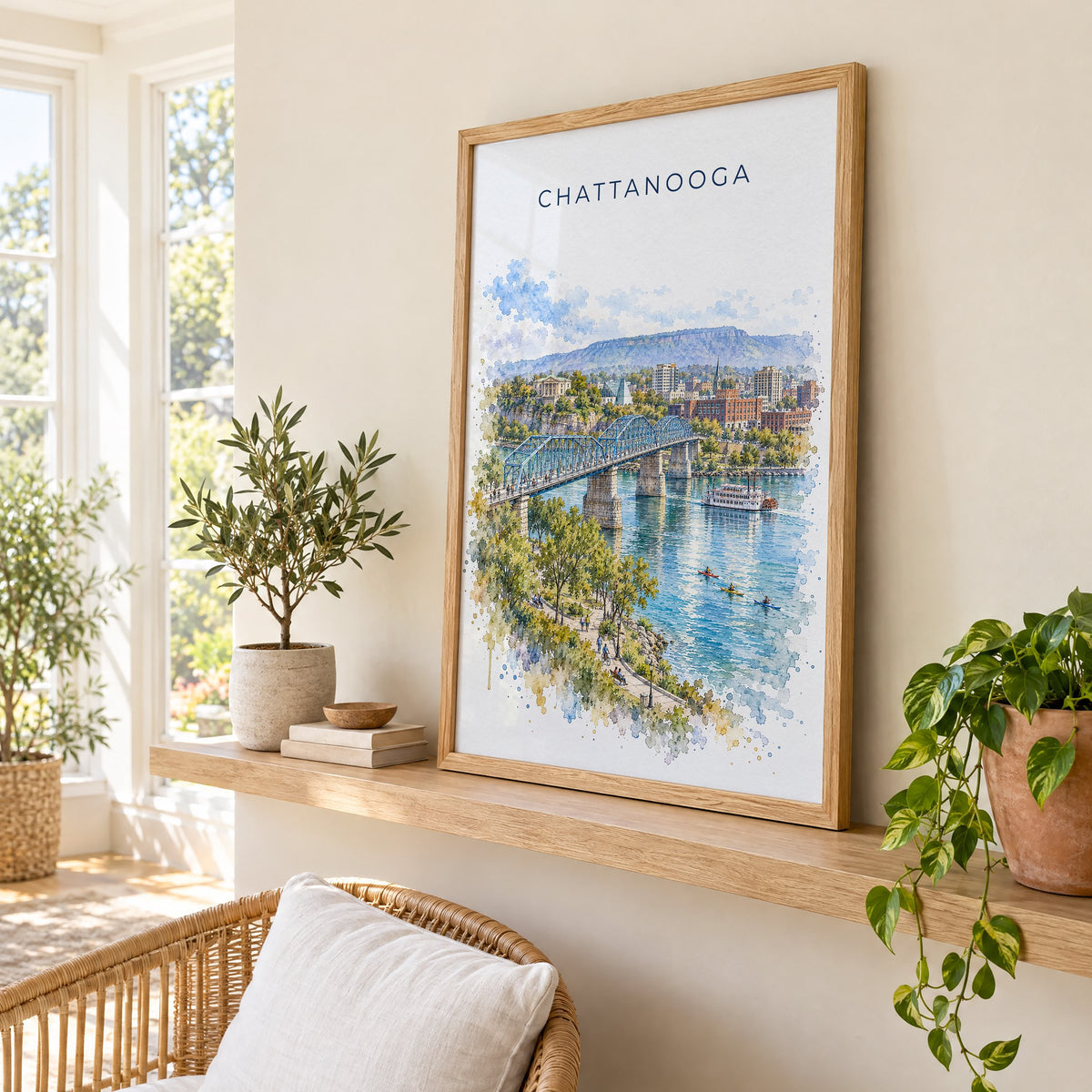 Chattanooga watercolor print in an oak frame on a picture ledge in a sunlit sunroom