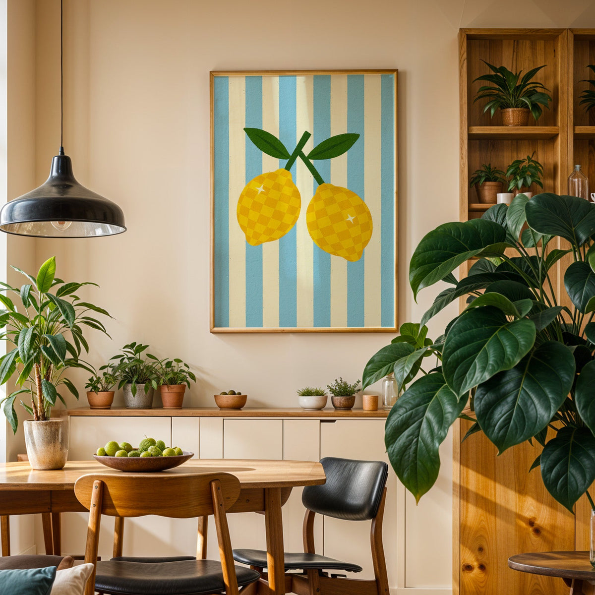 Checkered lemons print in an oak frame above a sideboard in a dining room