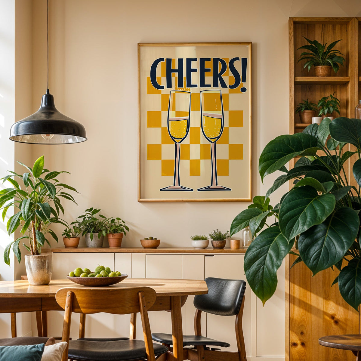 Cheers champagne flutes print in an oak frame in a dining room above a plant-lined sideboard