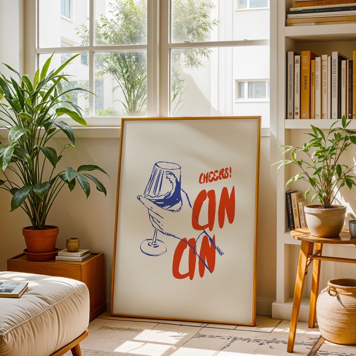 Cheers Cin Cin wine print in a brass frame resting on a berber rug