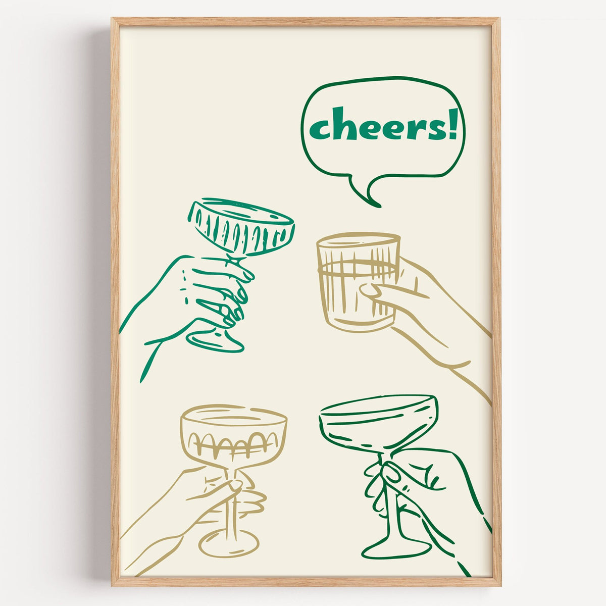 cheers! hands toasting coupes teal and gold print in a light oak frame on a plain white wall