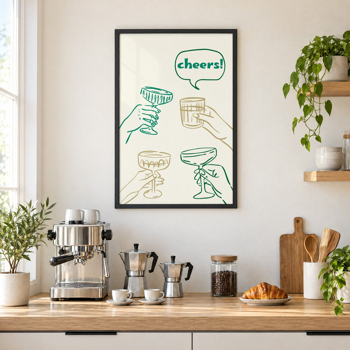 cheers! hands toasting coupes teal and gold print in a black frame above a home espresso bar with moka pots and espresso cups