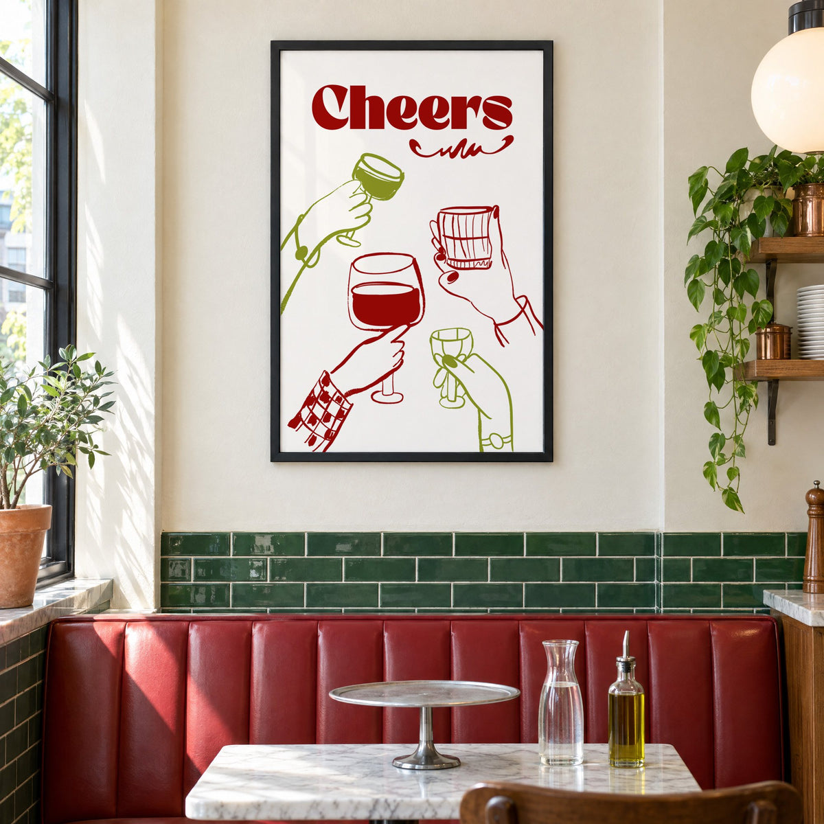 Cheers red and olive toasting hands print in a black frame above a red leather booth in a sunny pizzeria