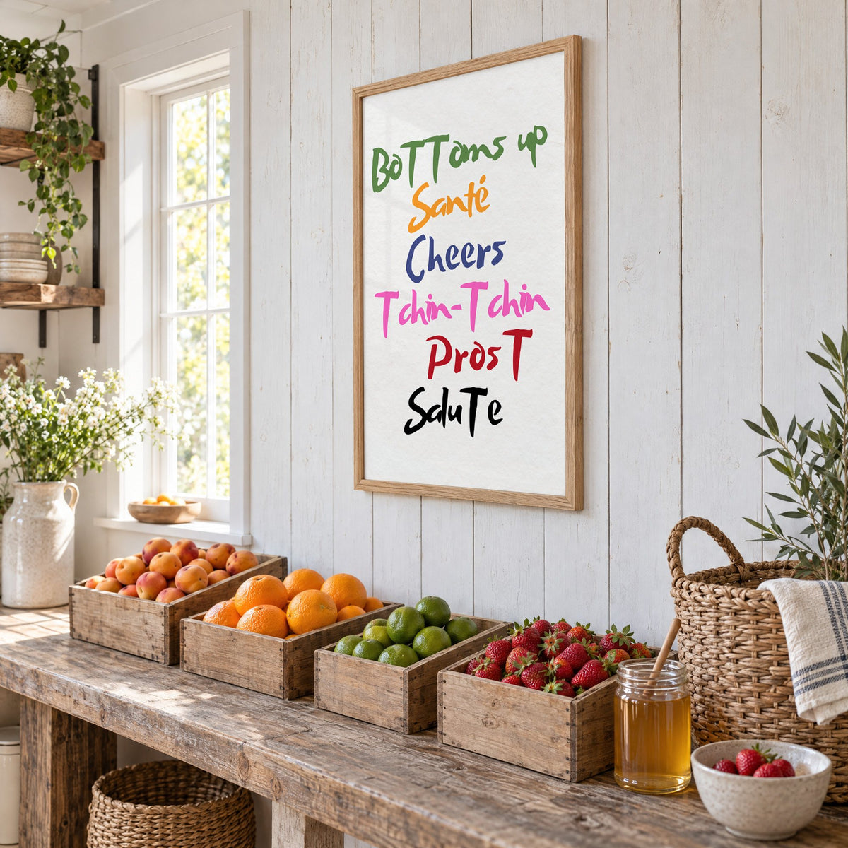 Cheers in six languages brush lettering print in an oak frame on white plank walls above wooden crates of fresh fruit, seen at an angle